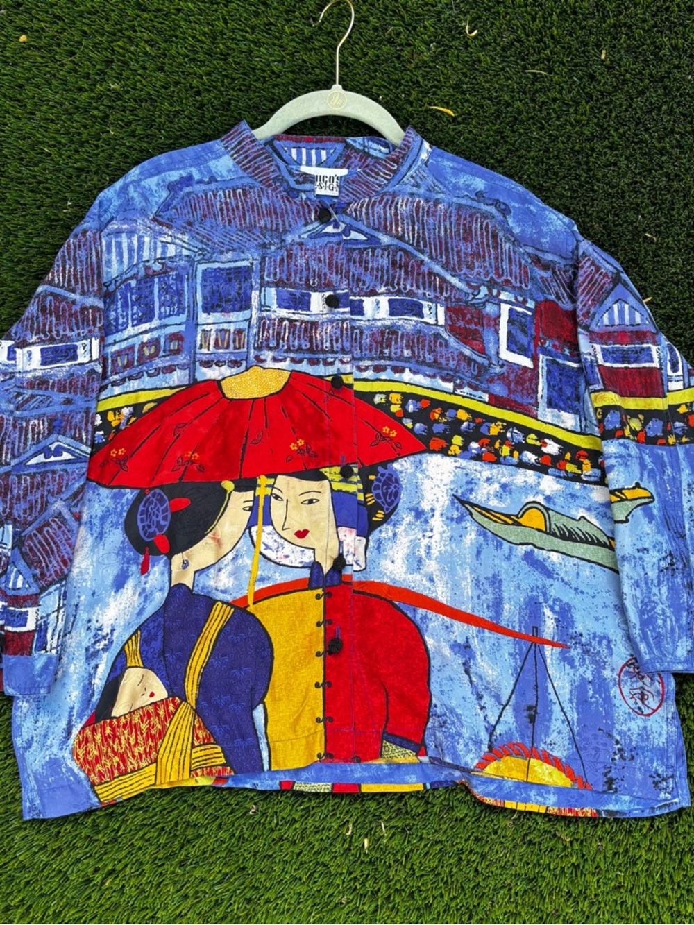 Vintage Chicos Design Silk Blouse Sz Large Asian Inspired Print Geisha Artsy